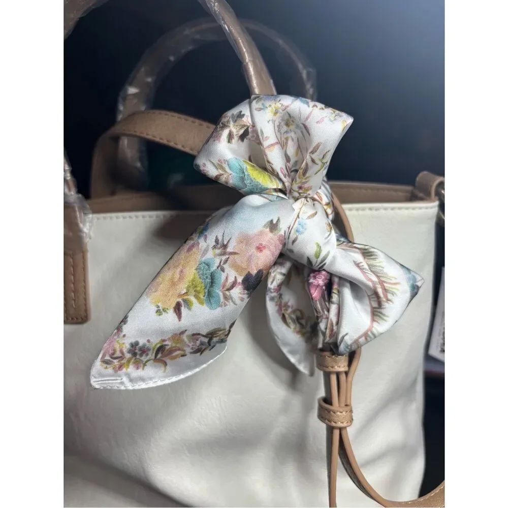 New Floral Satin Scarf Twilly Purse Bag in Cream 20” Square